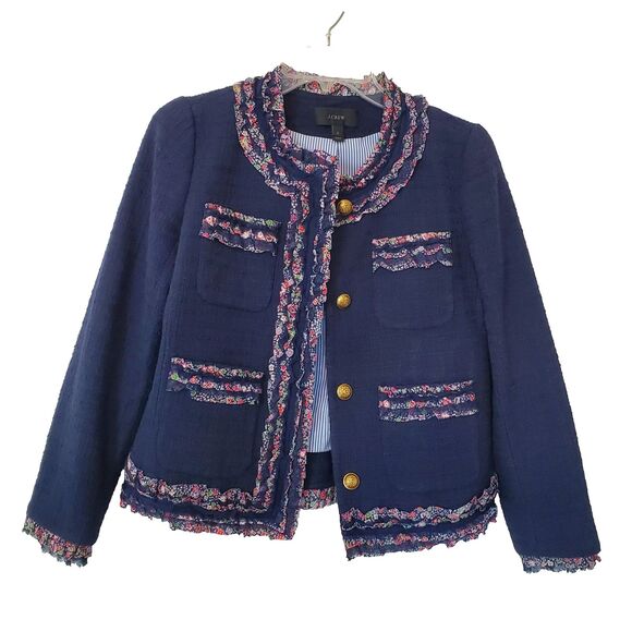 J Crew Lady Jacket Blazer Liberty Floral Trim Tweed Preppy Navy Blue Womens 2 - Picture 14 of 16